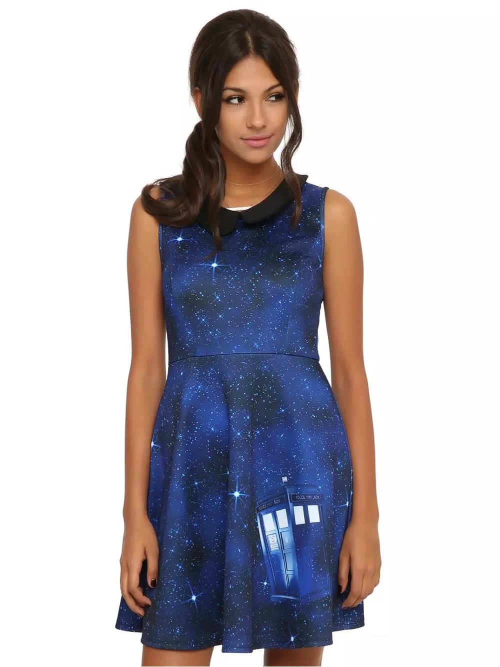 Hot Topic Doctor Who Blue Galaxy TARDIS Peter Pan Collar Skater Dress M